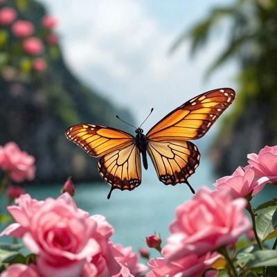 The primary subject of the image is a butterfly, which is flying over a field of pink flowers. The setting is a beautiful outdoor environment with a mountain in the background. The visual style of the image is a combination of photo and digital art, creating a vibrant and lively atmosphere. The dominant colors in the image are pink and yellow, which are the colors of the flowers and butterfly, respectively.